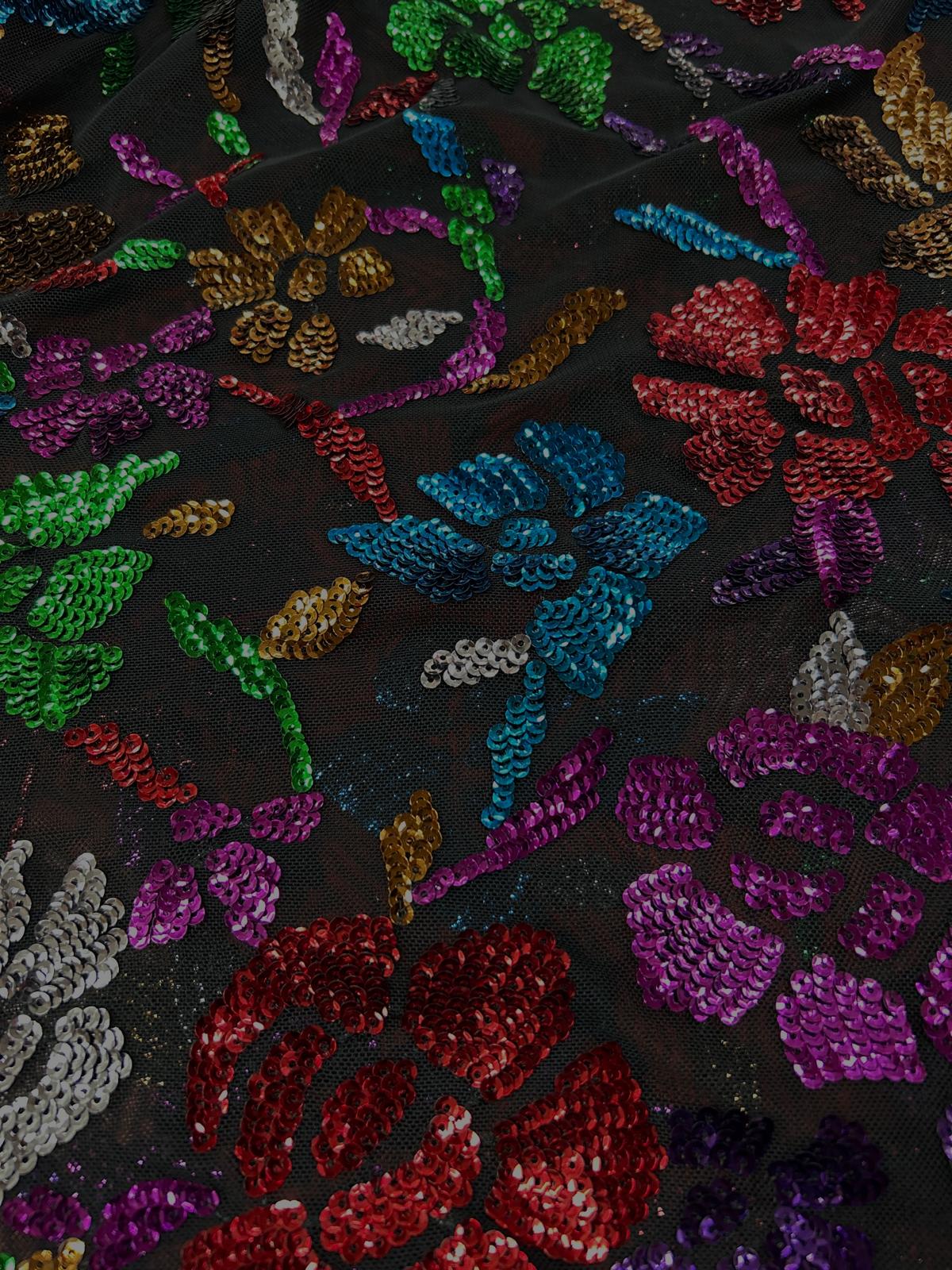Multicolour Floral Sequin on Black Mesh