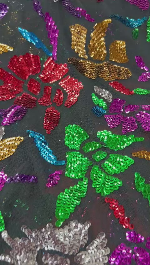 Multicolour Floral Sequin on Black Mesh
